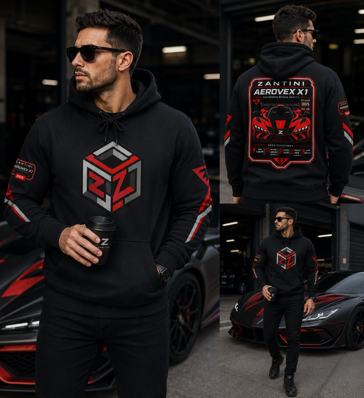 ZANTINI Aerovex X1 Performance Hoodie – Premium Hypercar Streetwear for Automotive Enthusiasts