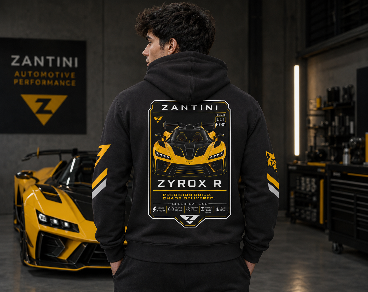 ZANTINI Zyrox R Hoodie | Yellow Hypercar Graphic Hoodie | Automotive Streetwear | Car Enthusiast Gift | Racing Hoodie
