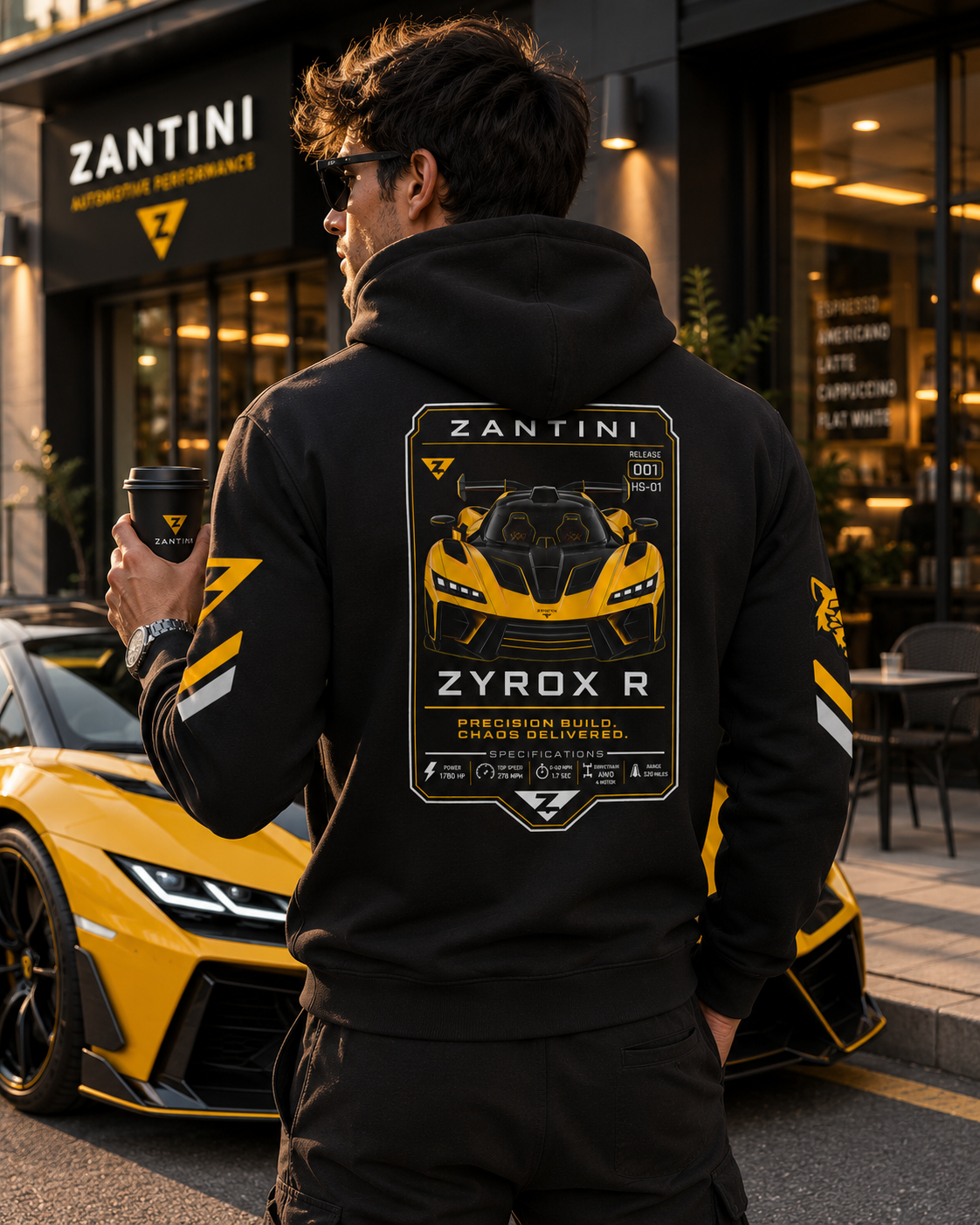 ZANTINI Zyrox R Hoodie | Yellow Hypercar Graphic Hoodie | Automotive Streetwear | Car Enthusiast Gift | Racing Hoodie