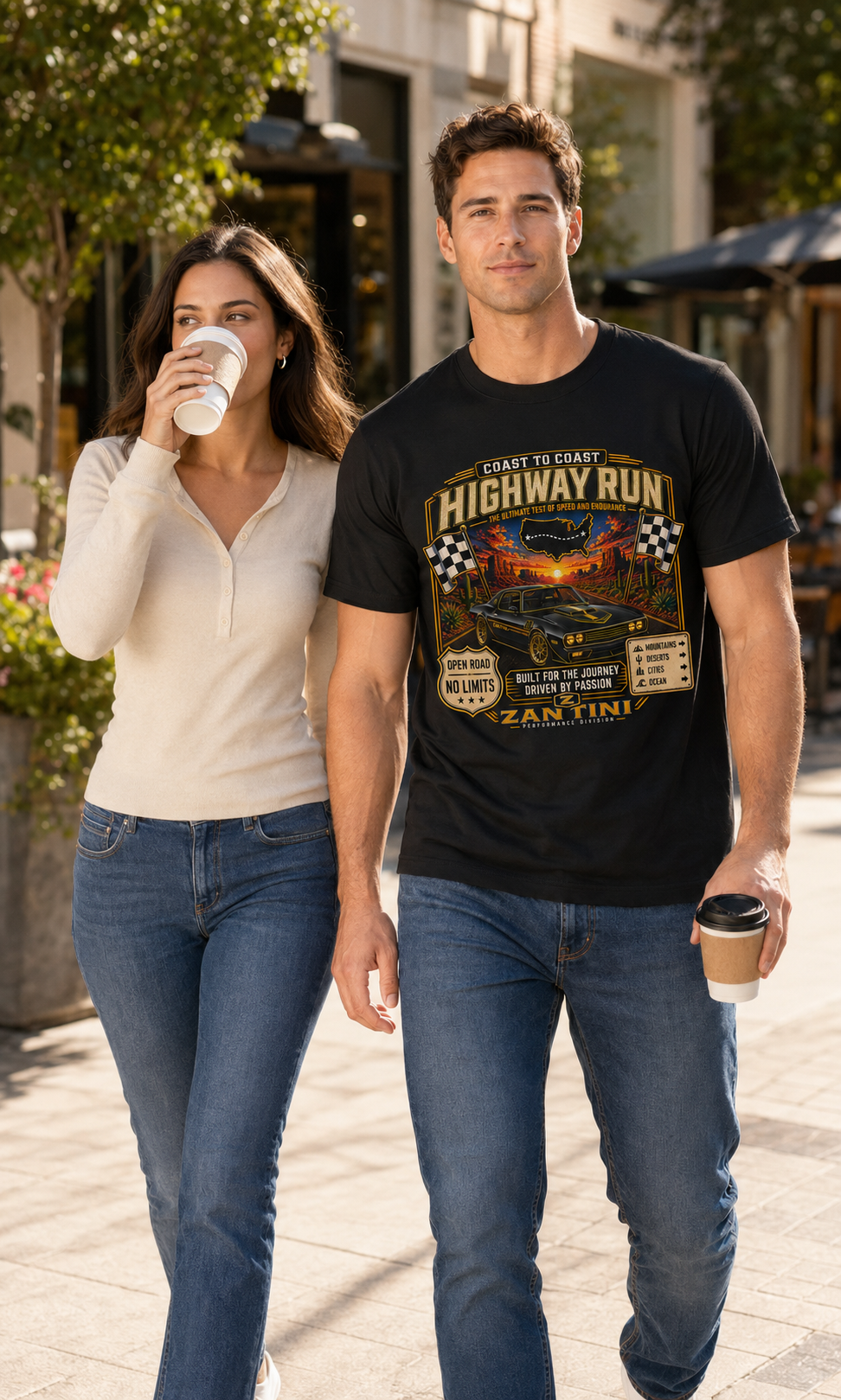 ZANTINI Highway Run Vintage Car Graphic T-Shirt