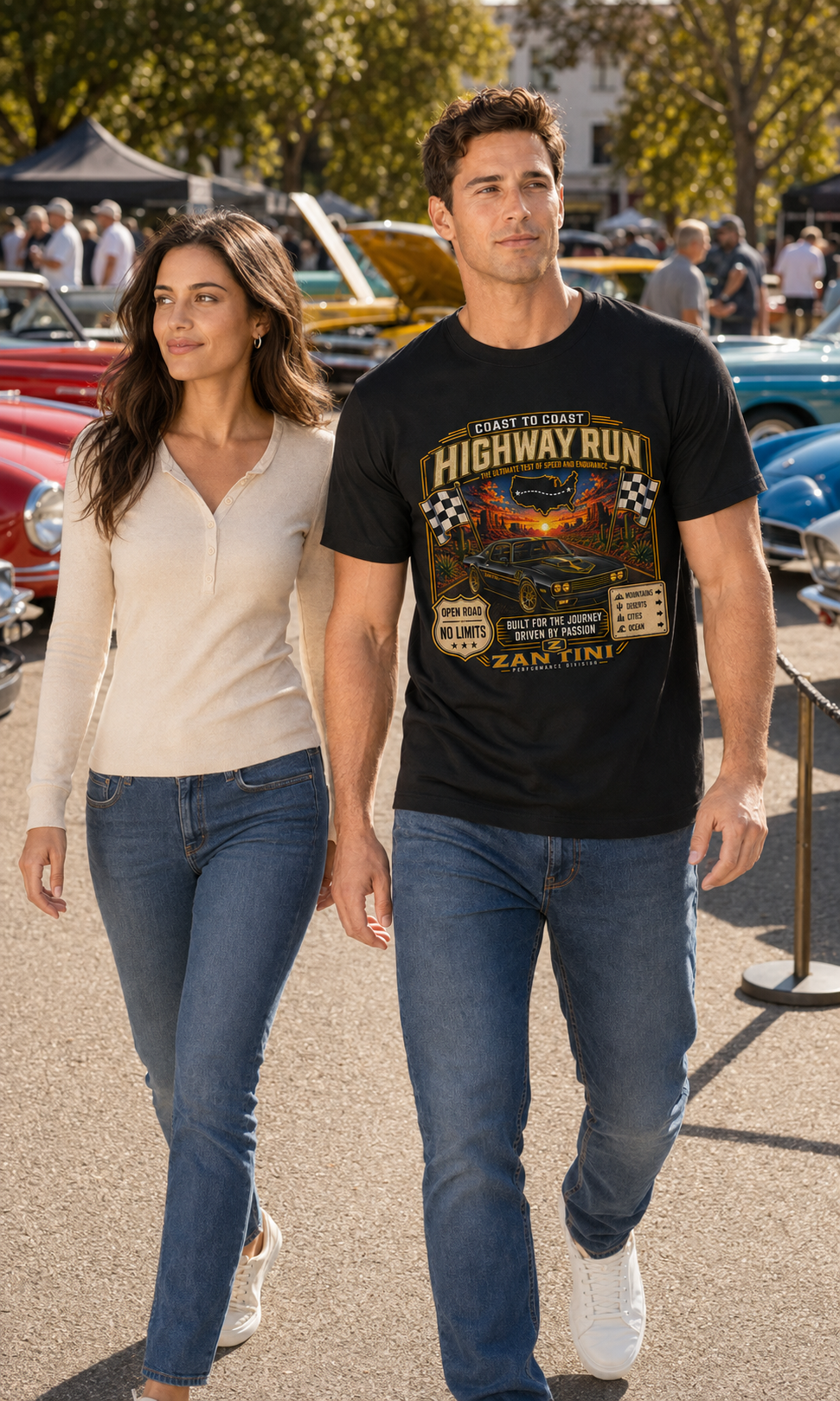 ZANTINI Highway Run Vintage Car Graphic T-Shirt