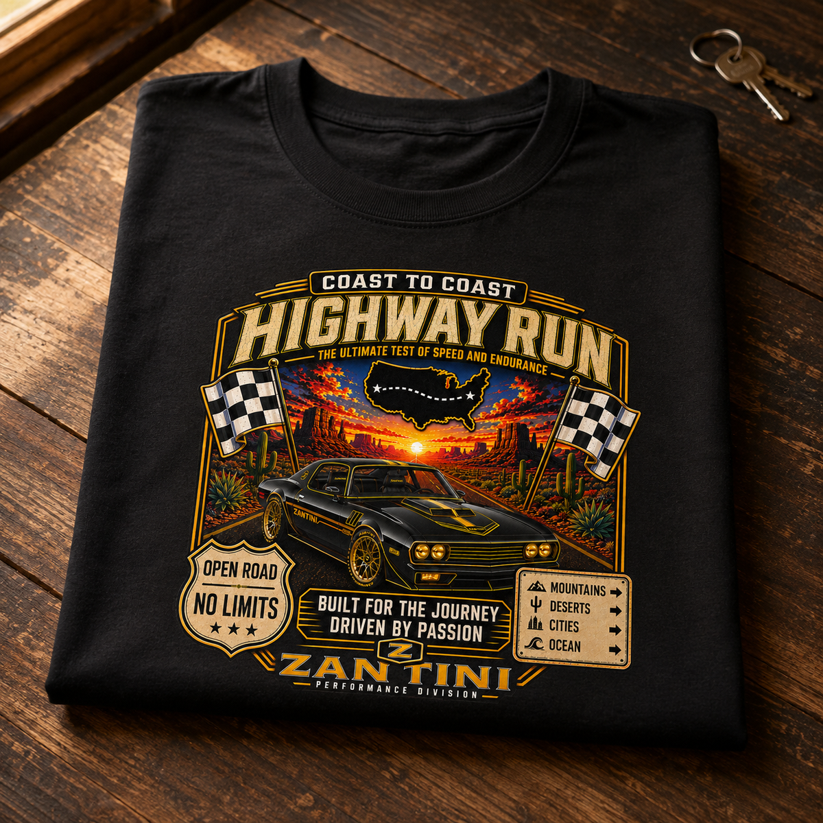 ZANTINI Highway Run Vintage Car Graphic T-Shirt