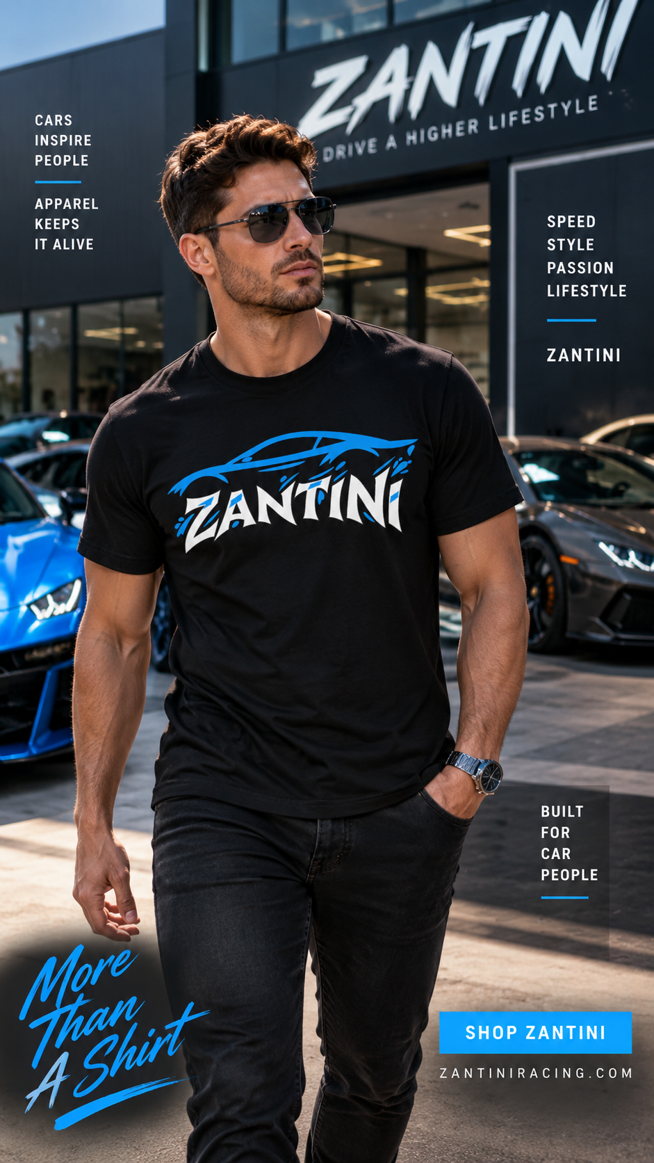 ZANTINI Drive the Lifestyle Automotive Graphic T-Shirt – Blue